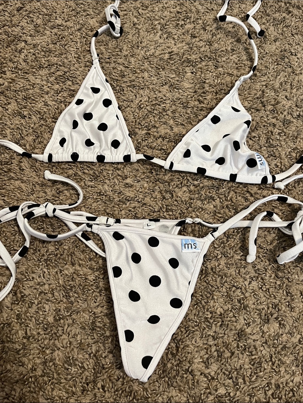 Malibu Strings White & Black Polka Dot Triangle Bikini Set